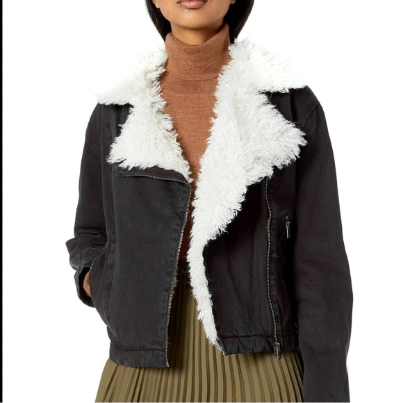 Show Me The Mumu Shearling Trim Karson Jacket Size Large In Washed Black NWT